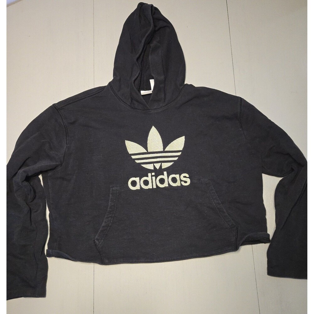 Adidas Originals Womens Sz M Black Cropped Hoodie Sweatshirt Tweed Logo Rare